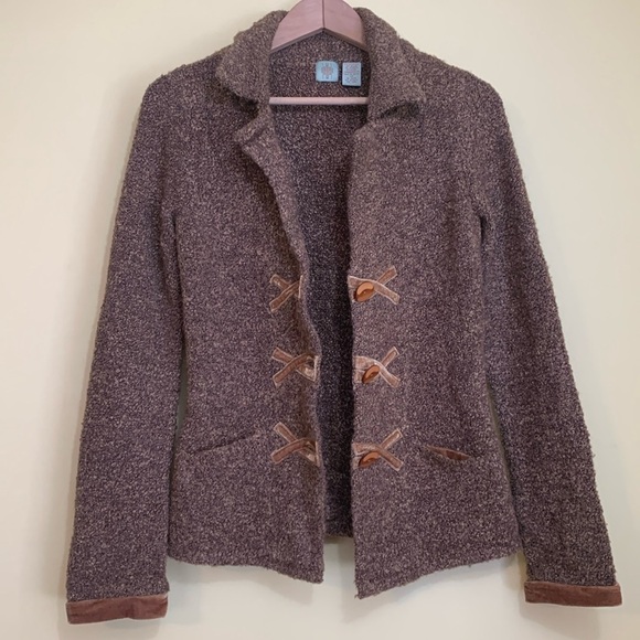 Anthropologie HWR Brown Boucle Knit Velvet Trim Button Cardi Blazer Sweater XS - Picture 12 of 16
